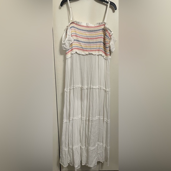 Tory Burch Tiered Smocked Rainbow Stripe Off - White Cold Shoulder Maxi Dress - Picture 1 of 4